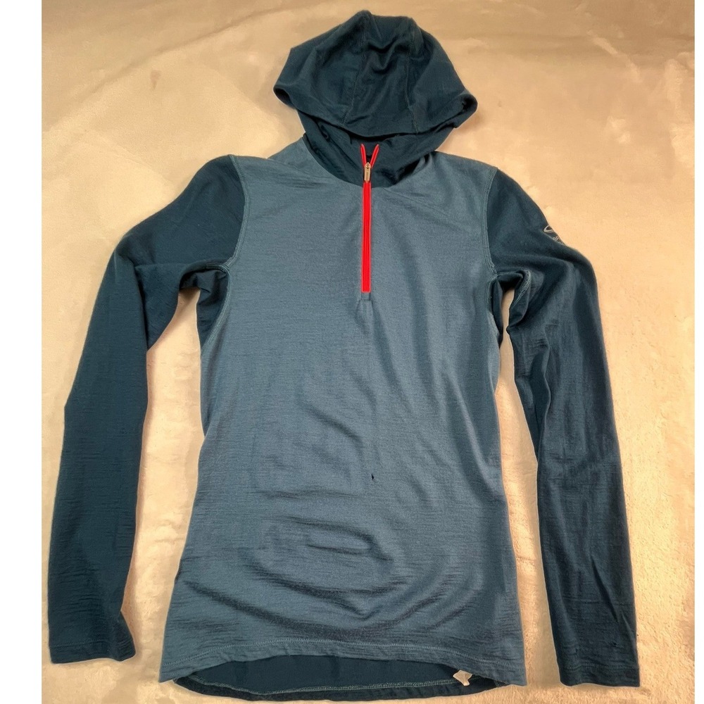 ICEBREAKER Merino 200 Bodyfit Womens XS‎ Shirt Blue Hooded FLAW- Holes